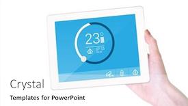  Presentation with feminine - Beautiful PPT layouts featuring feminine hand holding tablet against screen with information about home backdrop and a white colored foreground