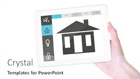  Presentation with feminine - Slides with feminine hand holding tablet against screen with information about home background and a white colored foreground