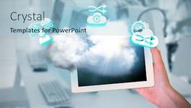  Presentation with feminine - Presentation theme featuring feminine hand holding tablet against computers and headsets background and a light blue colored foreground