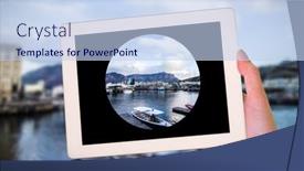  Presentation with feminine - PPT layouts having feminine-hand-holding-tablet-against background and a light blue colored foreground