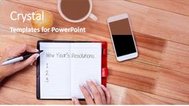  Presentation with new years - Colorful slide set enhanced with feminine hands writing on agenda backdrop and a  colored foreground