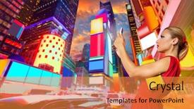  Presentation with times square - Amazing slide deck having feminine usa - blond girl red dress selfie backdrop and a gold colored foreground