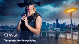  Presentation with gangster - PPT theme featuring feminine usa - blond sexy girl with handgun background and a navy blue colored foreground