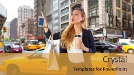  Presentation with taxi cabs new york city - Audience pleasing slide deck consisting of feminine usa - blond shopping tourist girl calling backdrop and a gold colored foreground