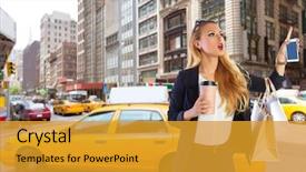  Presentation with new york - Audience pleasing PPT layouts consisting of feminine usa - blond shopping tourist girl calling backdrop and a gold colored foreground