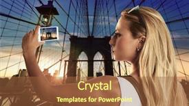  Presentation with brooklyn bridge - Slides having feminine usa - blond tourist girl taking photo background and a  colored foreground
