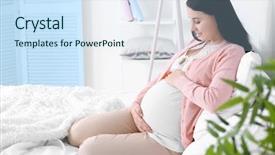 Presentation with pregnant - PPT theme featuring femme enceinte - young pregnant woman sitting background and a sky blue colored foreground