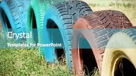  Presentation with tires waste - Cool new PPT theme with fence made of old tires backdrop and a teal colored foreground
