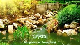  Presentation with garden pond - Colorful presentation design enhanced with feng - landscaped garden with pond park backdrop and a tawny brown colored foreground