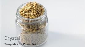  Presentation with container - Presentation design consisting of fenugreek in a glass container on white background background and a light gray colored foreground
