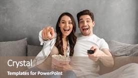  Presentation with smiling paramedic sitting in ambulance - Slide deck consisting of ferias - photo of smiling couple sitting background and a  colored foreground