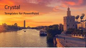  Presentation with skyline - Presentation theme featuring ferias - seville sunset skyline torre del background and a coral colored foreground