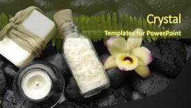  Presentation with natural soap - Colorful presentation theme enhanced with fern with yellow orchid and natural handmade soap on stones background backdrop and a tawny brown colored foreground