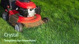  Presentation with green lawn - Presentation theme featuring fertilisation - lawn mower cutting green grass background and a tawny brown colored foreground