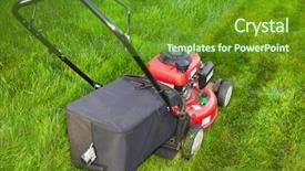  Presentation with green and purple mardi gras - Theme consisting of fertilisation - lawn mower cutting green grass background and a  colored foreground