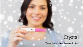  Presentation with fertility - PPT theme with fertility winter maternity and people concept - happy smiling woman showing home pregnancy test over snow background and a light gray colored foreground