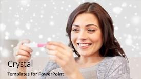  Presentation with fertility - Theme having fertility winter maternity and people concept - happy smiling woman looking at pregnancy test at home over snow background and a lemonade colored foreground