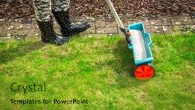  Presentation with green lawn - Audience pleasing PPT layouts consisting of fertilize-lawn-detail-of-fertilizer backdrop and a gold colored foreground