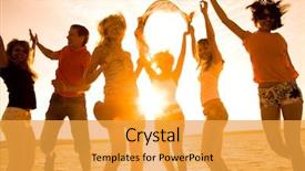  Presentation with sunset beach - Presentation theme enhanced with festival - group of happy young people background and a gold colored foreground