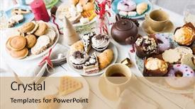  Presentation with festive - Beautiful slides featuring festival - variety of sweet food backdrop and a coral colored foreground