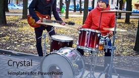  Presentation with music band - PPT layouts featuring festival music band cropped shot background and a seafoam green colored foreground