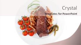  Presentation with taste - Presentation design with festival of taste grill meat on potato chips with fresh tomato and hot green peppers isolated on white background background and a lemonade colored foreground