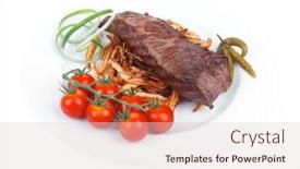  Presentation with taste - Colorful presentation theme enhanced with festival of taste grill meat on potato chips with fresh tomato and hot green peppers isolated on white background backdrop and a lemonade colored foreground