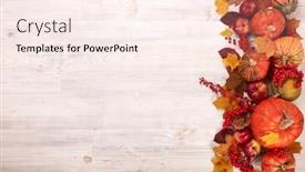  Presentation with harvest - Slide set enhanced with festive autumn still life with pumpkins red apples berries and leaves on light wooden background top view with copy space concept of autumn harvest happy thanksgiving day or halloween background and a sky blue colored foreground