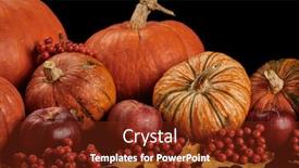  Presentation with halloween pumpkins thanksgiving day - PPT theme with festive autumn still life with pumpkins red apples berries and leaves on wooden table on black background concept of autumn harvest happy thanksgiving day or halloween background and a tawny brown colored foreground