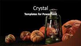  Presentation with halloween pumpkins thanksgiving day - PPT layouts with festive autumn still life with pumpkins and glass oil kerosene lamp on dark wooden table on black background with copy space concept of autumn harvest happy thanksgiving day or halloween background and a black colored foreground