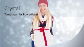  Presentation with shimmering - Cool new slides with festive blonde holding a gift against light design shimmering on silver backdrop and a light blue colored foreground