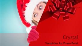  Presentation with christmas ribbon festive - Beautiful presentation featuring festive blonde holding a poster against red christmas ribbon backdrop and a crimson colored foreground