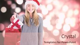  Presentation with christmas black - Colorful presentation enhanced with festive blonde holding christmas gift and bag against light circles on black background backdrop and a lemonade colored foreground