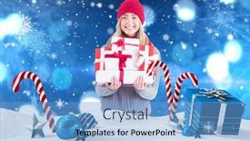  Presentation with christmas candy - PPT theme having festive blonde holding pile of gifts against christmas scene with gifts and candy canes background and a teal colored foreground