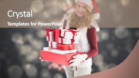  Presentation with shimmering - Presentation theme having festive blonde holding pile of gifts against shimmering christmas tree of lights background and a coral colored foreground