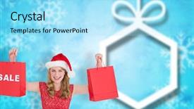  Presentation with christmas sale - PPT theme enhanced with festive blonde holding sale shopping bags against blurred christmas background background and a arctic colored foreground