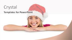  Presentation with poster - Colorful PPT layouts enhanced with festive blonde leaning on large poster on white background backdrop and a sky blue colored foreground