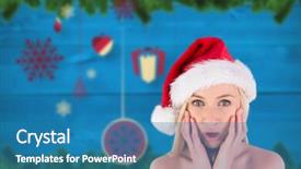  Presentation with fir tree - Presentation having festive blonde looking surprised with hands on face against blurred fir tree branches on wood background and a teal colored foreground