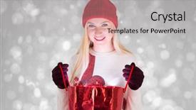  Presentation with festive - Colorful slides enhanced with festive blonde opening a gift bag against grey abstract light spot design backdrop and a light gray colored foreground