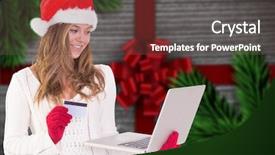  Presentation with online shopping - Audience pleasing theme consisting of festive blonde shopping online with laptop against festive bow over wood backdrop and a tawny brown colored foreground