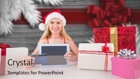  Presentation with online shopping - Colorful slide deck enhanced with festive blonde shopping online with tablet pc against festive bow over wood backdrop and a lemonade colored foreground