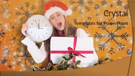  Presentation with festive - Beautiful PPT theme featuring festive blonde showing a clock and gift against snowflake wallpaper pattern backdrop and a gold colored foreground