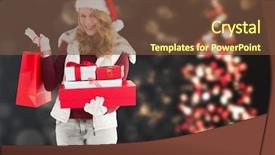  Presentation with shimmering - Slides with festive blonde with shopping bag and gifts against shimmering christmas tree of lights background and a tawny brown colored foreground
