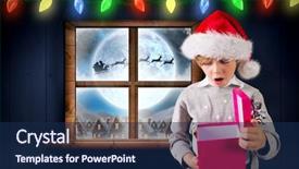  Presentation with delivery boy - Slides enhanced with festive boy holding a gift against santa delivery presents to village background and a navy blue colored foreground
