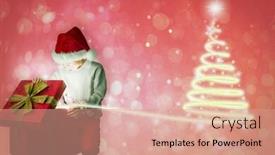  Presentation with festive - Amazing presentation theme having festive boy opening gift against red abstract light spot design backdrop and a coral colored foreground