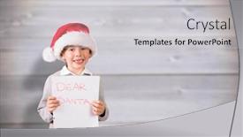  Presentation with festive - PPT theme featuring festive boy showing letter against blurred wooden planks background and a light gray colored foreground
