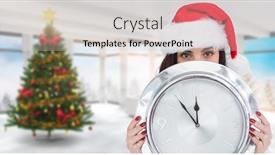  Presentation with christmas tree - Slide set featuring festive brunette holding a clock against home with christmas tree background and a lemonade colored foreground