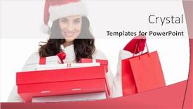  Presentation with christmas ribbon festive - Colorful PPT layouts enhanced with festive brunette holding christmas gifts and shopping bags on white background backdrop and a white colored foreground