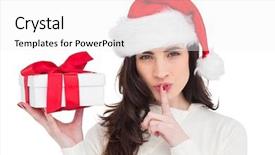  Presentation with festive - PPT theme having festive brunette holding gift and keeping a secret on white background background and a white colored foreground