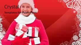  Presentation with gifts - Amazing slides having festive brunette holding gifts against christmas themed snow flake frame backdrop and a red colored foreground